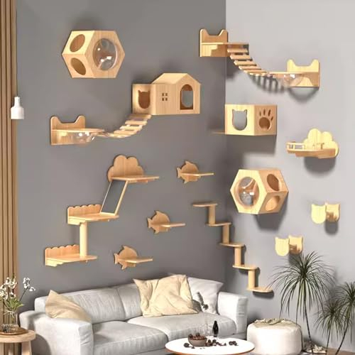 Gtzly Kletterwand Katzen, An der Wand Montiertes Katzen-Kletterregal-Set, Katzenregale Aus Kiefernholz mit Katzen-Sprungplattform, DIY-Katzenwand-Spielplatz, for WandmöBel-Set Im Innenbereich (Color