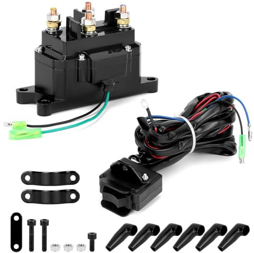 QWORK Magnetrelaisschütz, 12 V, 250 A, kompatibel mit ATV/UTV, 907 - 2268 kg Seilwinde, mit Wipp-Daumenschalter-Set und Schutzkappen, hohe Haltbarkeit, einfache Installation