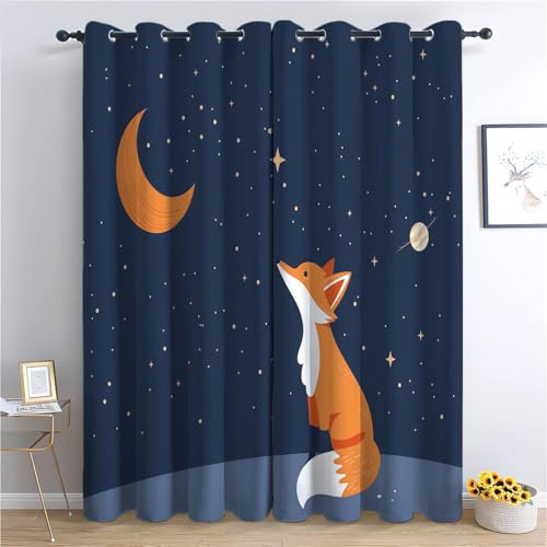 100% Verdunkelungsvorhänge H245 x B280 cm, Cartoon Tier Fuchs Sterne Thermo Isoliert Lärmminderung Vorhänge, Polyester Anti Fade Dunkelblau Vorhange für Schlafzimmer Wohnzimmer Kinderzimmer