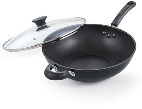 Cook N Home Basic 12-Inch Hard Anodized Nonstick Wok with Lid, Large Non Stick Stir-Fry Pan, Deep Flat Bottom Wok Pan, Everyday Chef Saute Skillet, Induction Cookware, Black