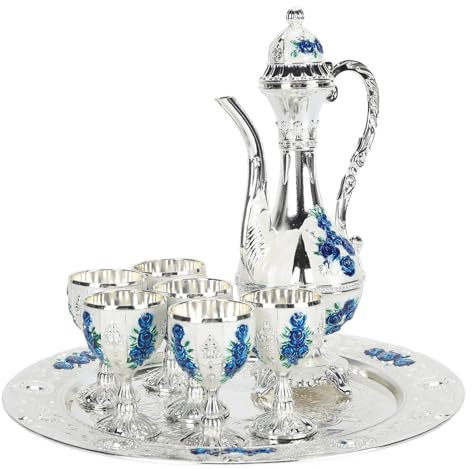 Locadence Set Calici da Vino, Vassoio Caffettiera Turca Vintage in Lega di Zinco e Set da 6 Bicchieri da Vino Set Caraffe in Metallo per Caffè, Tè, Vino, Bevande Miste, Cocktail (Sliver White Blue)