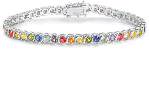 Tennisarmband für Damen, 18 Karat Weißgold plattiert, 3 mm, Bunte Zirkonia, achteckige Schnalle, 8,0 Zoll