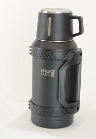LEBENLANG termos caffè da 1,5 litri - 24 ore di calore Incluso bicchiere, filtro per tè e tracolla I Thermos caffe Bottiglia termica Borraccia acciaio inox 1.5 L Thermos bevande calde con bicchiere