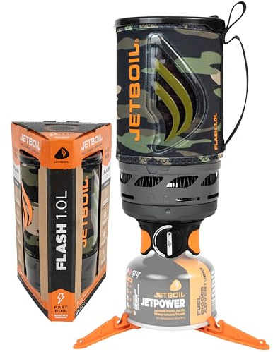 Jetboil Flash 1.0L Portable Fast Boil Stove for Camping and Backpacking with 1-Step Auto Ignition, Propane/Isobutane Burner with Cooking Cup, Dark Camo