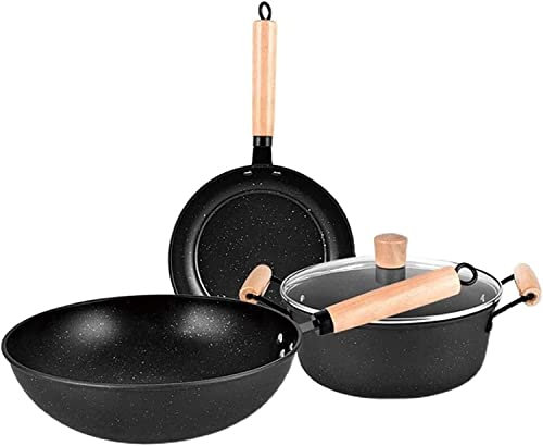SJHDHDA Maifanshi dreiteilige Kochgeschirrset Wok Bratpfanne Suppen-Topf Geschenk mit flachem Boden, die rauchlose Eisenpfanne Flachboden Learned extensively