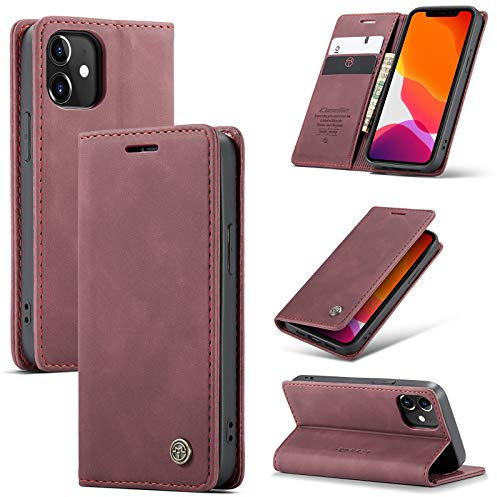 owlhold Handyhülle iPhone 12 Mini klapphülle Premium Lederhülle Weiches Vintage-Nubukleder Faltbare Ständer Schutzhülle Kartenfach Standfunktion hülle iPhone 12 Mini - Weinrot