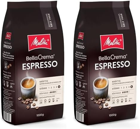 Melitta BellaCrema Espresso Café en grain 1kg, non moulu, café en grain pour machines à café, torréfaction forte, torréfié en Allemagne, intensité 5 (Lot de 2)