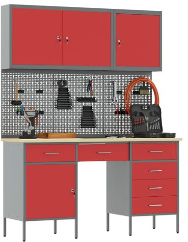 vidaXL Banco de trabajo industrial con 5 cajones y puerta con cierre, resistente, color rojo/gris, acero con superficie similar a la madera, patas ajustables en altura, solución de almacenamiento