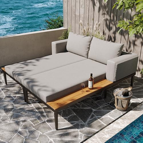 Outdoor Daybed für 2 Personen, wasserfeste Gartenliege mit Seitentischen – Doppelliege für Terrasse, Balkon & Garten, Lounge-Sofa mit Stauraum, wetterfestes Sonnenliege aus strapazierfähigem Material