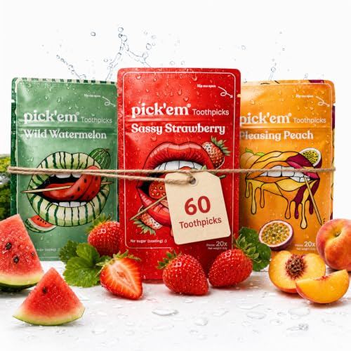 pick'em Palillos de dientes con sabor tropical, paquete de 3 unidades [60 palillos] – la alternativa de estilo de vida al chicle (tropical y dulce) – palillo de dientes con sabor – palillo de madera