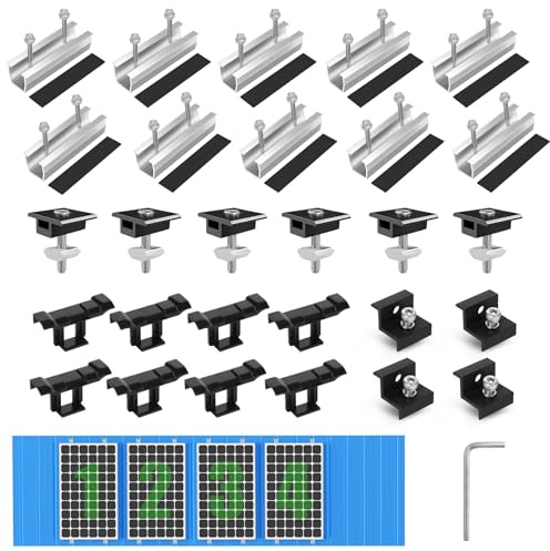 BOSYTRO Kit de Montaje para Módulos Solares, Soporte Fotovoltaico para 4 Módulos, Riel Plateado de 12CM + Clips de Drenaje de Agua 30 mm + Abrazadera Ajustable para Módulos de 30-35MM de Grosor