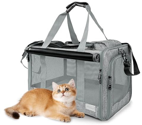 Trasportino per Gatti e Cani Faltabile – Tasche per Animali Fino a 9kg, 46×30×30cm, Con Protezione Privacy, Tasche e Rete Traspirante (Grigio Scuro)