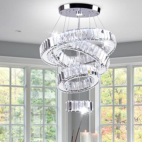 FRIXCHUR 4-Ring Crystal LED Chandelier, Round Pendant Light, Cool White | Modern four-ring crystal ceiling pendant for dining room, living room or bedroom; round design with cool white LED light