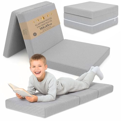 Materasso Pieghevole Bambini - 65x195 cm Brandina Ospiti Materassino da Pavimento Cameretta Materasso da Viaggio Compatto Leggero Rivestimento Sfoderabile Lavabile Oeko-Tex 65 x 195 Grigio Chiaro
