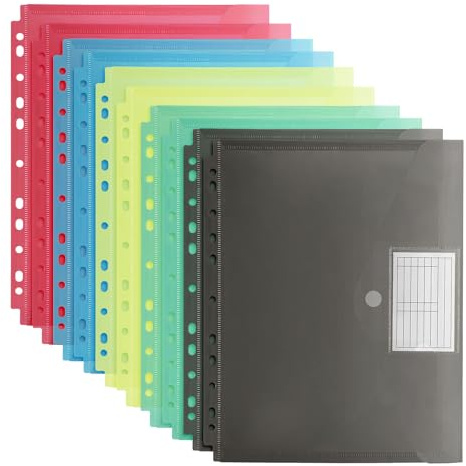 FRETONBA Carpeta Fundas Plastico A4 10 Piezas, Archivadores Plásticos 5 Colores con 11 Agujeros, Portadocumentos con Cierres de Velcro y Bolsillo Etiquetas, Portafolios para Escuela, Oficina y Viajes