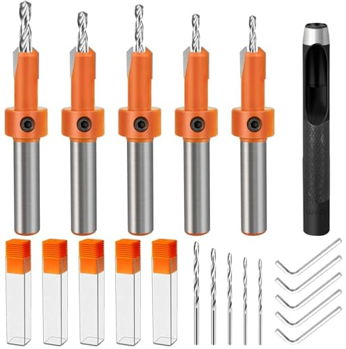 JNZLT Juego de 5 brocas avellanadoras 2,8/3/3,2/3,5/4 x 8 mm, HSS, con 10 brocas intercambiables, perforador redondo de 8 mm, brocas avellanadas para carpintería, plástico