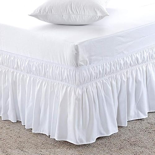Cache-sommier uni à volants – Style enveloppant avec élastique, chute de 38,1 cm (blanc, 90 x 190 + 38 cm)