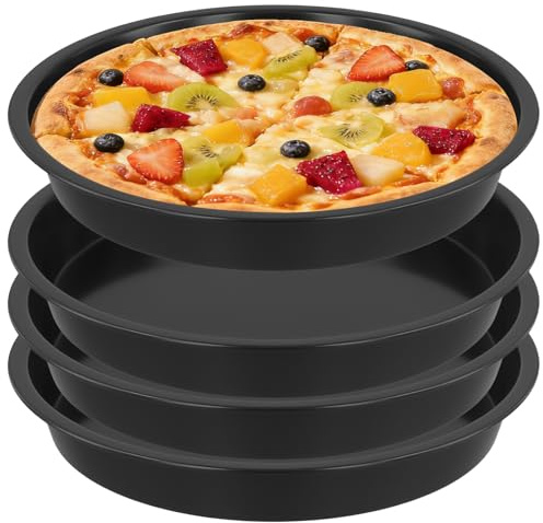 JEUIHAU 4 PCS 8 Inch Non Stick Round Pizza Tray, Deep Carbon Steel Baking Pan, Durable Bakeware for Oven and Home Kitchen, Black