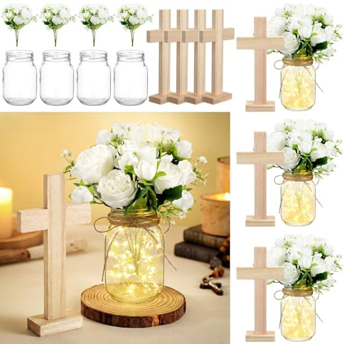 Wavwavw 37 Pcs/4 Sets Baptism Centerpieces for Table Cross Mason Jar Centerpieces with Wooden Cross Crafts Light Strings for Baptism First Communion Church Wedding Favors(Peony)
