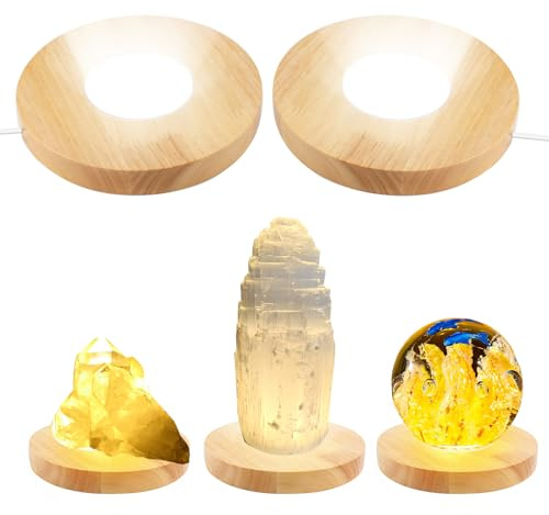 2pcs Wooden LED Light Display Base Stand, 15CM Round Light Display Base with 3 Light Modes, USB Crystal Display Base, Wood Base Light Base for Crystal Glass Resin Art Jewelry Acrylic (Wood)