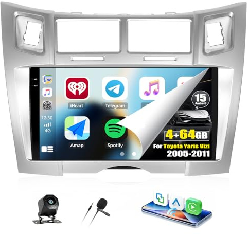 CAMECHO 4+64G Android 15 Autoradio 9 Pulgadas para Toyota Yaris Vizi 2005-2011, Radio Bluetooth con GPS Wi-Fi CarPlay Inalámbrico Android Auto RDS FM MirrorLink y Cámara Trasera, Pantalla Táctil HD