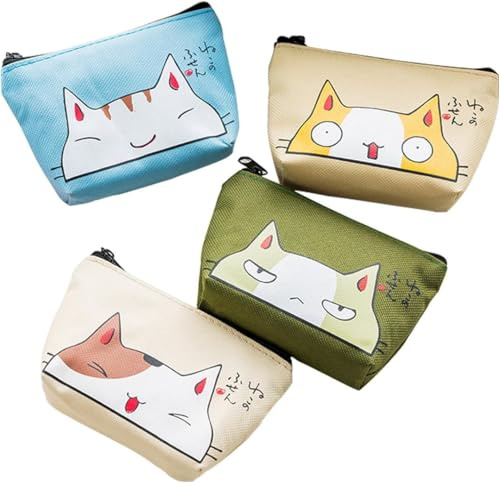 Oyachic 4 Stück Münzbörsen,Cat Coin Purse,Mini Geldbörse,Kleingeldbörse,Brieftasche Portemonnaie Damen Klein, Leinwand