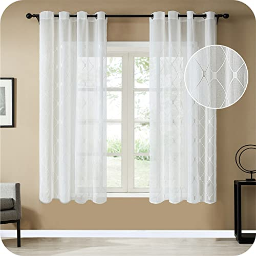 Topfinel Voile Gardinen mit Ösen Kariert Vorhänge Dekoschal mit Stickerei für Wohnzimmer Schlafzimmer 2er Set je 160x140cm (HxB) Weiß