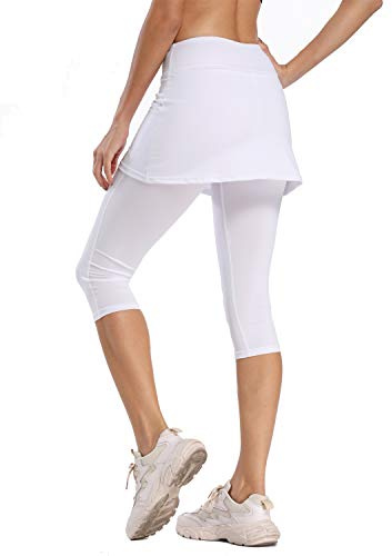 Ibeauti – Mallas capri con falda para mujer, UPF 50+, ideales para yoga, golf, tenis, correr y hacer ejercicio, Blanco, XL