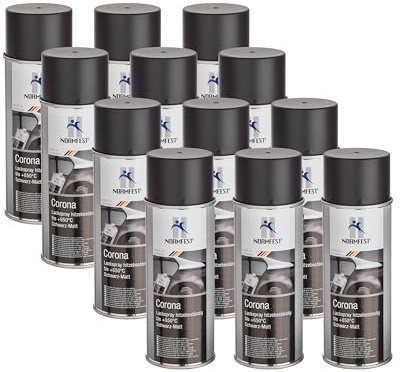 Normfest Lackspray Corona Schwarz Matt – Hitzebeständiger Speziallack bis 650 °C, schnelltrocknend, kratz- und witterungsbeständig, ideal für Auspuff, Motor & Bremsenteile – 12x 400ml