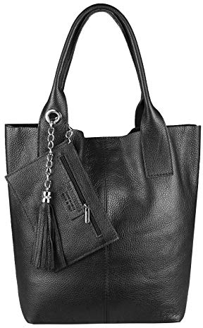 OBC Made in Italy Damen Leder Tasche Shopper DIN-A4 Schmucktasche Henkeltasche Handtasche Schultertasche (Schwarz)