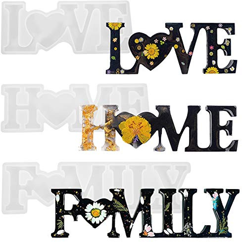 Opopark 3 Pieces Resin Casting Moulds, Love/Home/Family Word Alphabet | Epoxy Resin Moulds 3D Silicone Letter Moulds for DIY Craft Table and Home Decoration