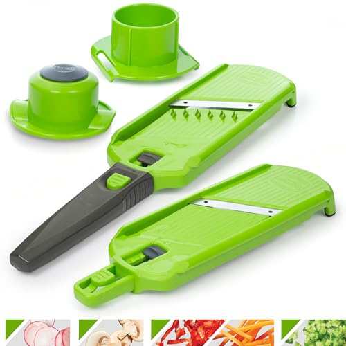 Börner Multi Dicer + Multi Slicer (Set 4 en 1) • Mandolina Multifuncional con 5 Tipos de Corte • Cortador de Verduras para Cubos, Tiras y Rodajas de Distintos Grosores • Color: Verde