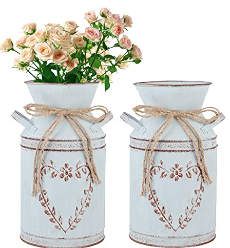 UPKOCH 2 Stücke Vintage Blumenvase Herz Milchkanne Shabby Chic Deko Eisen Blumentopf Landhaus Vase Rustikal Blumeneimer Metall Eimer Übertopf Kaktus Topf für Valentinstag Balkon Wohnzimmer Tischdeko