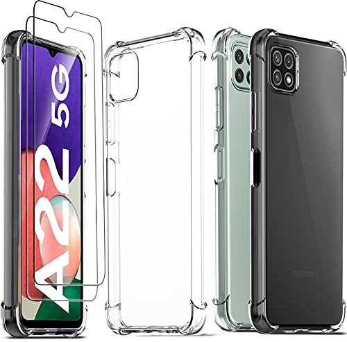 Ferilinso Schutzhülle für Samsung Galaxy A22 5G + 2 Stück Hartglas-Displayschutz [transparente Silikonhülle] [10 x vergilbungsfrei] [stoßfest] [Kratzfest] [9H Härte]
