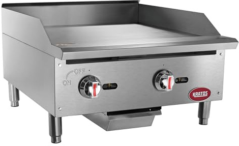 Kratos 24 Wide Commercial Countertop Griddle, Stainless Steel Gas Hot Plate for Restaurants, Manual Controls, 2 Independent Burners, Powerful 60,000 BTU Output (29Y-004)