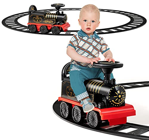 COSTWAY 6V Tren de Vía para Niños, Juguete Eléctrico con Luces y Sonidos, Caja de Almacenamiento Bajo el Asiento y Pedales Retráctiles para Niños y Niñas de Más de 3 Años (Retro)