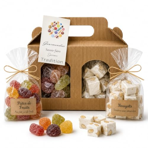 Coffret de Pâtes de fruits et Nougats tendres - Idée cadeaux plaisir et original - Box surprise à offrir - Panier de confiserie sucrée specialites artisanales parfum fruit et nougat tendre
