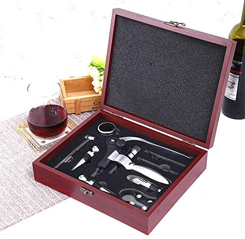 Cavatappi Manuale, Kit apribottiglie Vino con aeratore e beccuccio, Manico in Lega di Zinco, apribottiglie Deluxe con 9 Pezzi, Set di Design Elegante con Scatola di Legno di ciliegio Scuro