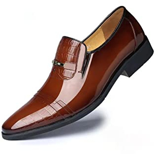 Herr läder loafers klänning sko spetsig tå dra på mockasiner körskor mode fest bröllop affärsskor, Brun, 43.5 EU