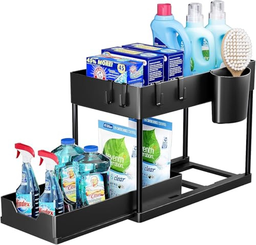 DICLLY Organizador Bajo Fregadero Deslizable 2 Niveles,Deslizante Almacenaje Debajo Fregadero con 2 Cestas Colgantes,4 Ganchos,4 Varillas Soporte Metal,Almacenaje Óptimo Cocina,Baño y Hogar,Negro
