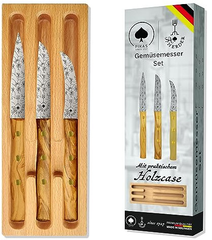 Gemüsemesser Set Premium aus Solingen, Extrascharf, Rostfrei, 3 Gemüsemesser: Mittelspitz, Gerade, Gebogene Klinge – Für Gemüse, Obst, Olive Holzgriff, Deutschland