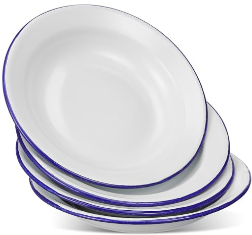 DOITOOL 4pcs Enamel Plate White Decor Blue Plates Asian Food Unbreakable Plates Shallow Bowl Plate Enamelware Dinner Retro Enamel Plates Snacks Serving Plates Food Steamed Plates Bracket
