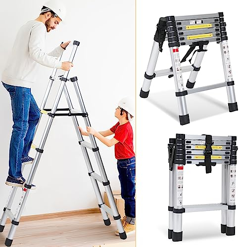 Herrselsam 1,7 m 2 m teleskopstege fällbar stege, aluminium utdragbar stege A-ram 5 + 6 steg, bärbar utdragbar stege halkfri multifunktionsstege, 150 kg lastkapacitet