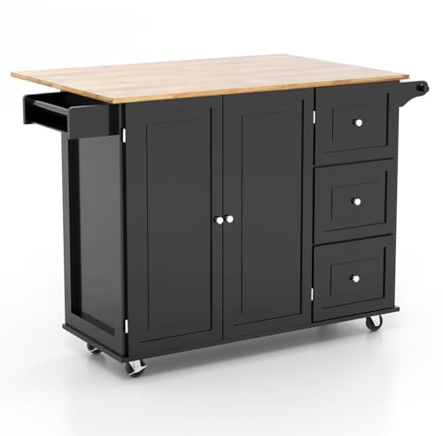 GiantexUK Large Kitchen Island, Extendable Rolling Storage Trolley with 3 Drawers and Adjustable Shelves, Dining Room Sideboard Utility Cart (Black)