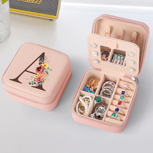 TINGN Initiale Schmuckkästchen mit Namen A und Blume Personalisierte Kleine Schmuckkästchen Reise Schmuckkästchen mit Spiegel für Damen Mädchen Geschenk für Geburtstage, Muttertag
