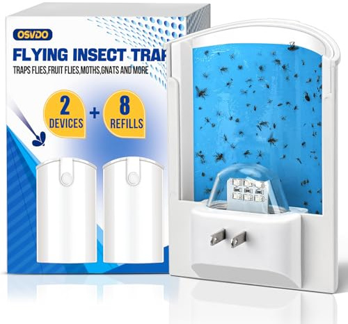 OSVDO 2-Pack Indoor Flying Insect Traps with 8 Refills, UV Light Bug Catcher for Flies, Gnats, Moths, 30-Day Sticky Pads, Silent Fly Catcher for Home