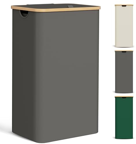 YOUDENOVA Wäschekorb mit Deckel 85L Wäschesammler schmal mit Wäschesack Groß faltbarer Wäschesortierer Holz Bambus Wäschetruhe hoch Laundry Baskets, Dunkelgrau