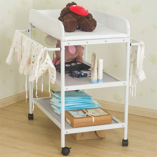 OHMG Baby Wickelkombi Klappbare Wickelkommode,Wickeltisch mit Rollen,Mobiler Wickeltisch mit Wickelauflage,Sicherheitsgurt und Ablagefächern,Wasserdicht und Höhenverstellbar,Stabil