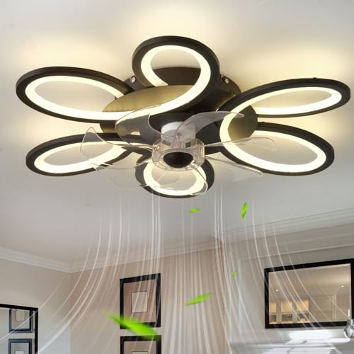 QINGYING Blume Deckenventilator Mit Beleuchtung Und Fernbedienung, Dimmbar Und Leise Led Lampe Mit Ventilator FüR Schlafzimmer 6 Gang Dc Memory Funktion Ventilator Mit Licht, Schwarz
