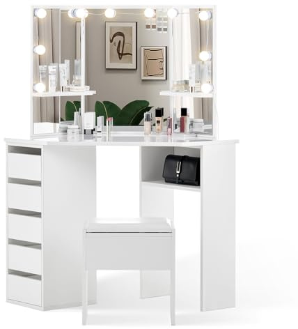 CLIPOP White Dressing Table Set with 5 Drawers Storage, Corner Dressing Table with Hollywood Lights and 3 Mirrors Modern Makeup Vanity Desk for Girls Bedroom